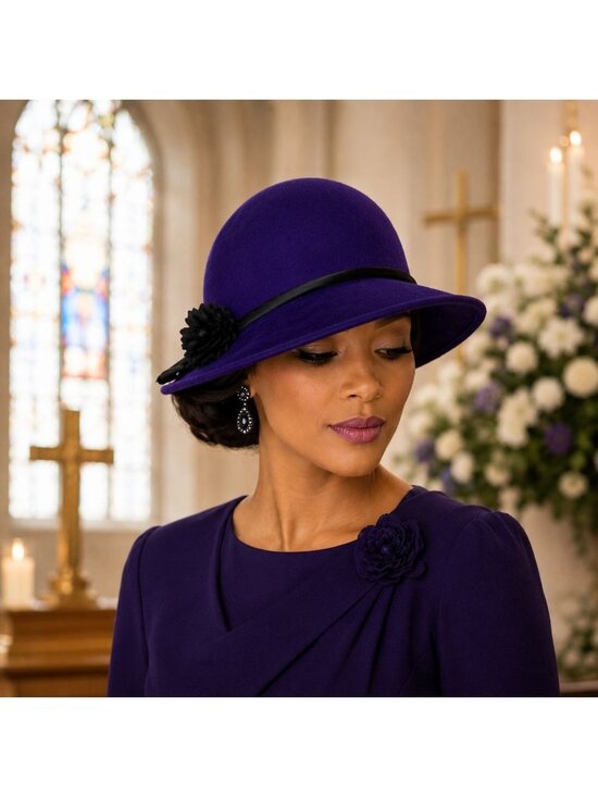 Vintage Purple Felt Wide Brim Hat Wool Head Hugger USA Black Ribbon Church main image 16